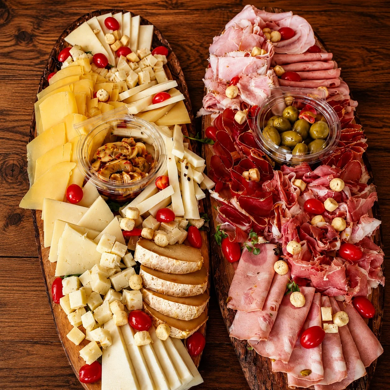 Two long wooden boards from Origini Salumeria, one with Italian cheeses and one with cured meats